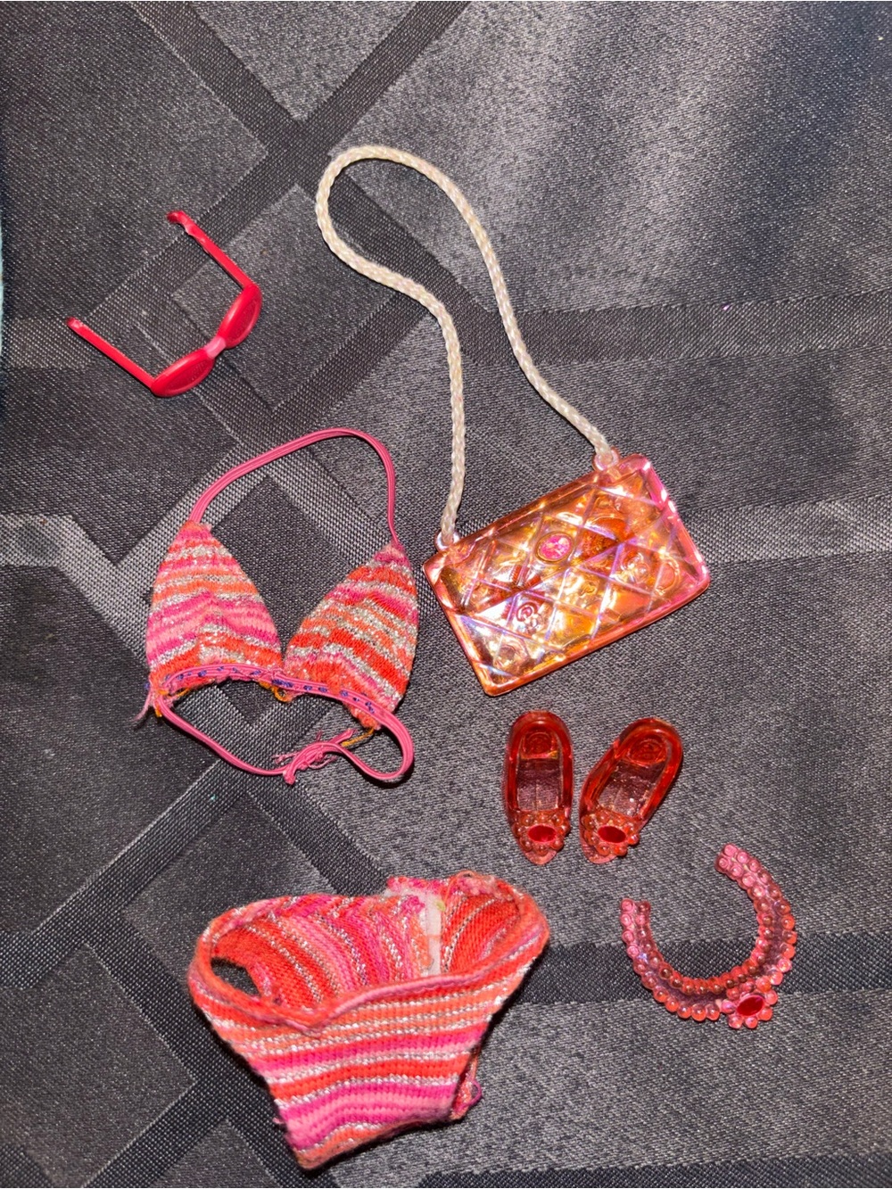 Barbie 2009 Pink Striped Bikini Swimsuit Outfit Accessories Set Mattel red Y2K
